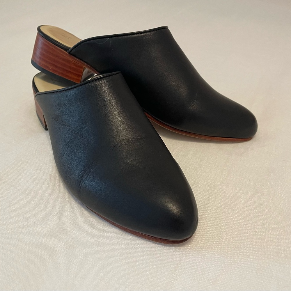 Black Leather Mules with Wooden Heel